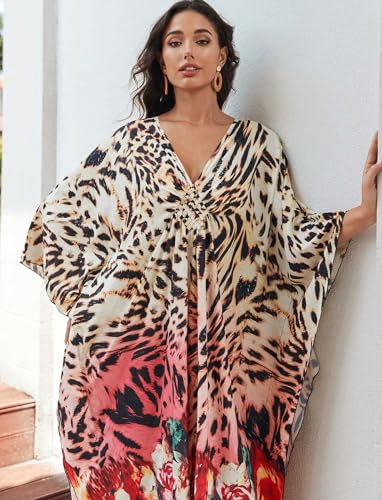 Image of KECVOT Kaftan Dresses for Women Plus Size Batwing Sleeve Caftans Long Bathing Suit Cover Up Maxi Beach Dress Loungewear