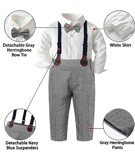 Image of SANGTREE Boys Gentleman Clothes Set, Short Sleeve Shirt with Bowtie + Suspender Pants Outfit, 3 Months - 6 Years
