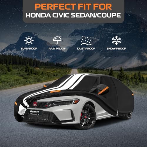 Image of Kayme Heavy Duty Car Cover for Honda Civic Sedan /Coupe (1996-2026) | Waterproof All Weather for Automobiles, Gift with Tape /Towel /Bag, Outdoor Full Exterior Cover Rain Snow Sun UV Protection.