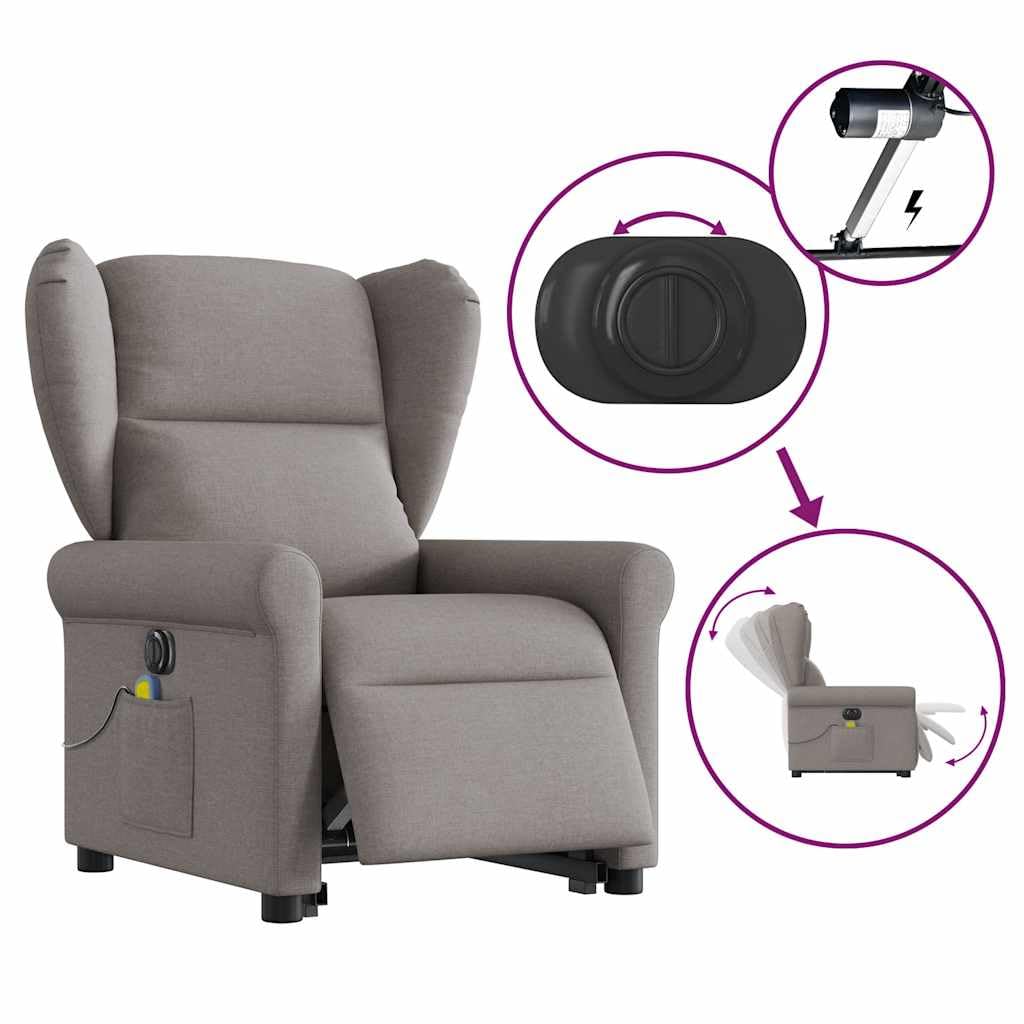 Sillón elevador eléctrico reclinable de tela gris con 6 puntos de masaje, función de elevación y reclinación eléctrica a 135 grados, estructura