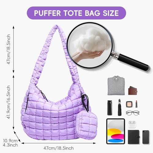 Image of Puffer Tote Bag for Women, Large Quilted Puffer Bag with Pouch, Puffy Quilted Hobo Bag, Puff Crossbody Purse
