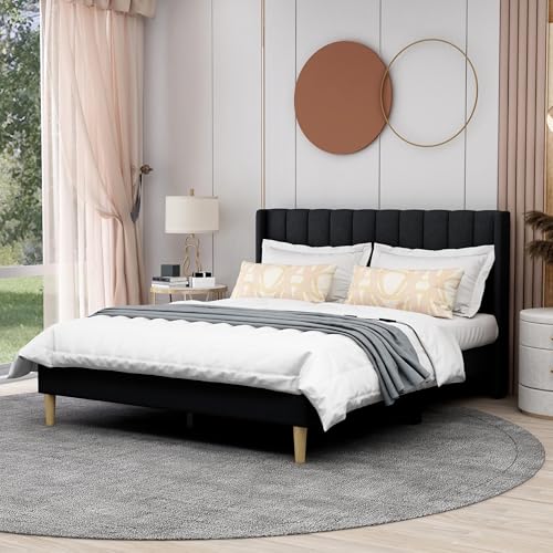 Image of AGARTT Upholstered Platform Bed Frame Queen Size, Black Linen