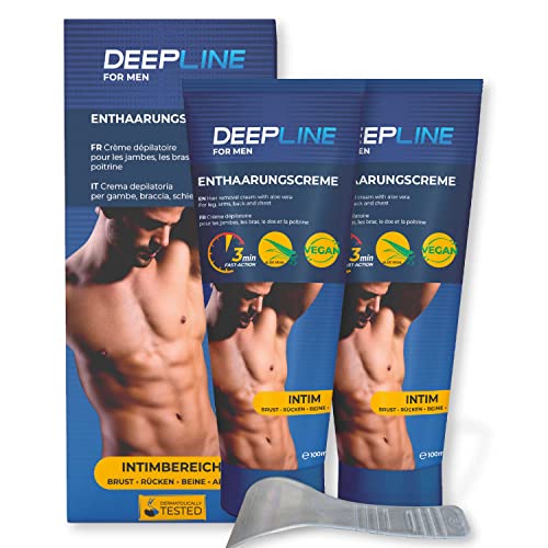 Deepline Crema de depilación íntima para hombre, 100 ml, todo en uno, con aloe vera y manteca de karité, vegana para zonas íntimas y corporales con espátula, 200 ml