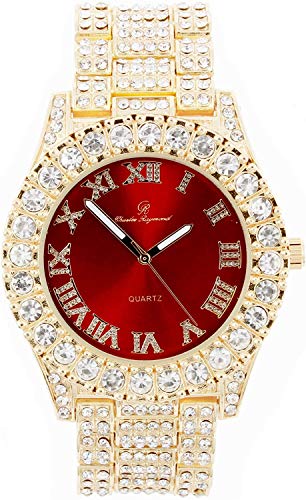 Women's Big Rocks Bezel Colored Dial with Roman Numerals Fully Iced Out Watch - ST10327LA (Gold-Red)