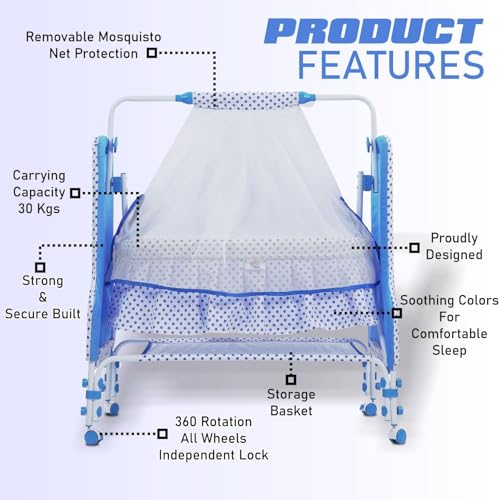 Image of PANDAORIGINALS Jumbo Baby Cradle|Soft Cushion Baby Jhula /Paalna Cute cot with Mosquito Net for 0-9 Months Boys and Girls Super Strong Soft Cushion and Swing Lock Function (Luxury Blue)