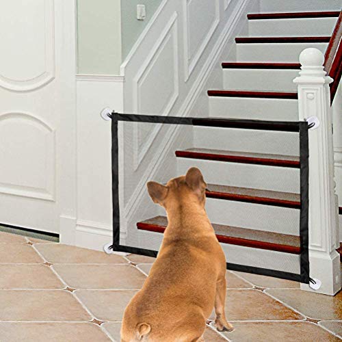 HLOMVE Safety Mesh Magic Gate for Pets Dogs 43.3x28.3 Install Anywhere Doors Guard Enclosure Indoor and Outdoor, Folding Dogs Baby Fence Come with 12 Hooks, Black