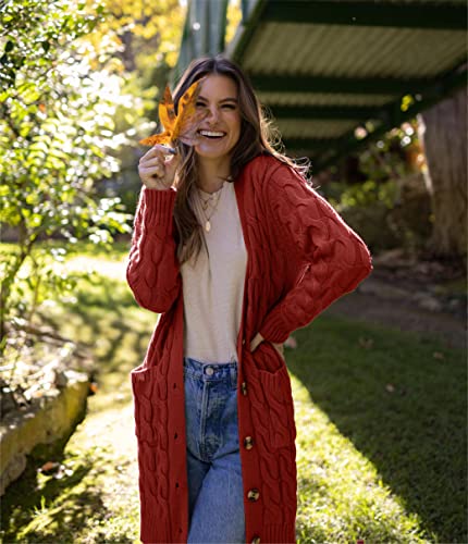Image of PRETTYGARDEN Long Sleeve Cable Knit Long Cardigan for Women 2026 Spring Winter Chunky Open Front Button Sweaters with Pockets