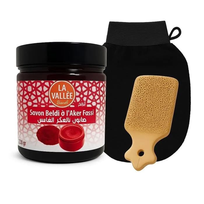 Pack Hammam Marocain Complet – Savon Noir Aker Fassi 200g + Gant Kessa + Pierre Ponce | Exfoliation Profonde, Éclat du Teint & Soin Naturel pour Peau Douce...