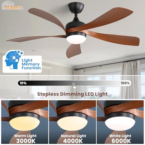 Sofucor 52" Smart Ceiling Fan, Indoor/Outdoor Ceiling Fans with Lights and Remote, Compatible with Alexa/Google/App, 3-Color Light 6-Speed Timing Reversible DC Motor for Bedroom Living Room Patio thumbnail 3