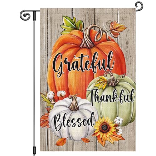 Louise Maelys Fall Garden Flag Grateful Thankful Blessed Pumpkin 12x18 Inch Double Sided Floral Sunflower Holiday Seasonal Autumn Welcome Small Burlap Yard Sign Outside Outdoor House Decoration