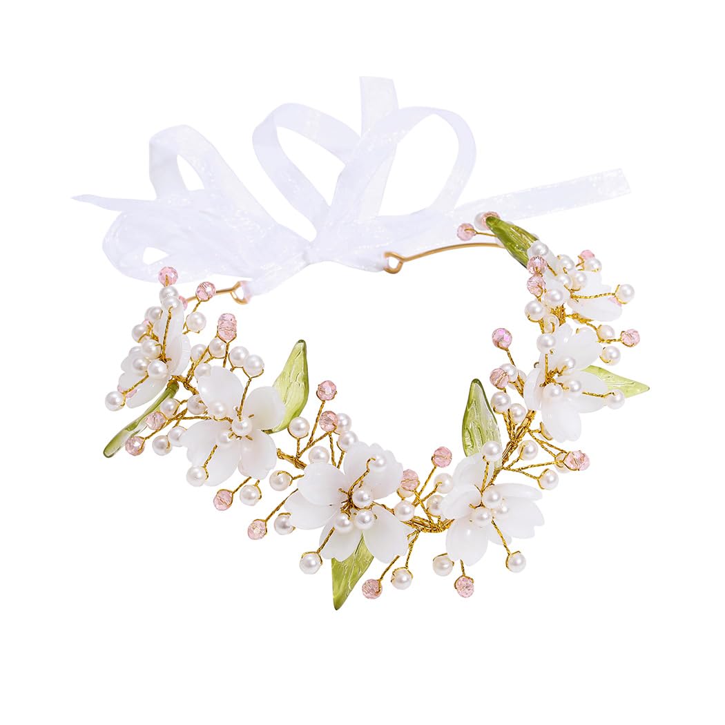 IYOU Fairy Flower Headband Gold Pearl Hair Band Crown Leaf Elf Headpiece Tiara Woodland Princess Wedding Hair Accessories for Women and Girls