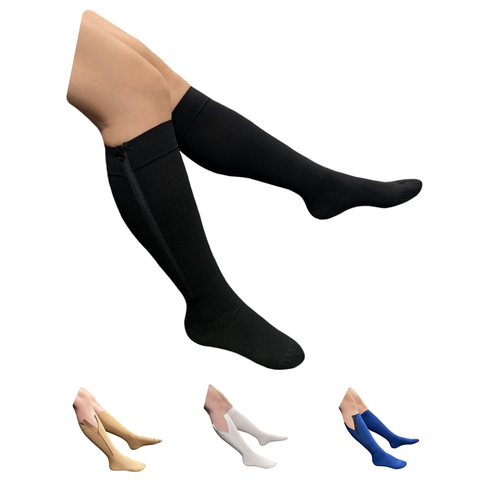 HealthyNees Seniors Care 20-30 mmHg Compression Leg Calf Closed Toe Zipper Socks (Black, 3X-Large)