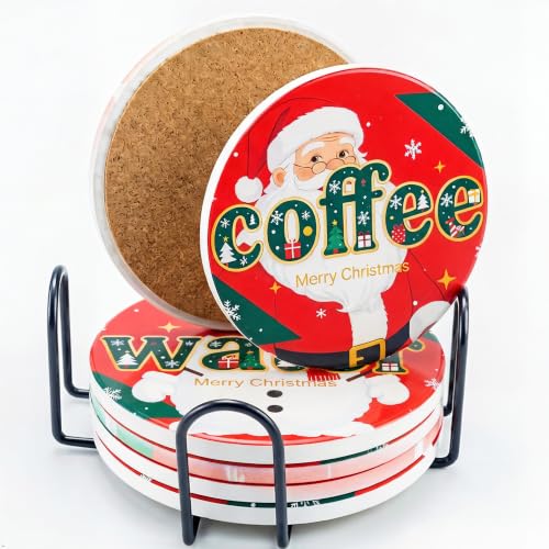 Christmas Ceramic Coasters 4 Pack with Holder Absorbent Non-Slip Cup Mat