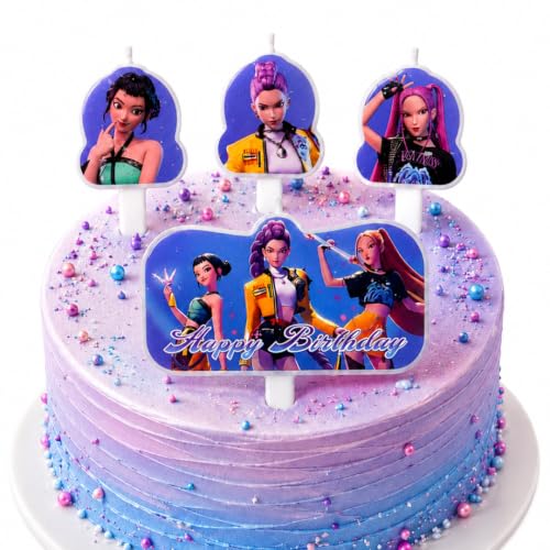 Image of Wanna Party Korean Pop Inspired Fantasy Hunter Birthday Cake Candles - 4PC Set, Decorative Character Theme Candle Toppers for Kids Birthday Party, Cake Decoration