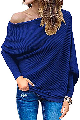 Qearal Off One Shoulder Sweater for Women Sexy Long Sleeve Casual Knit Loose Tops (XL, Blue)