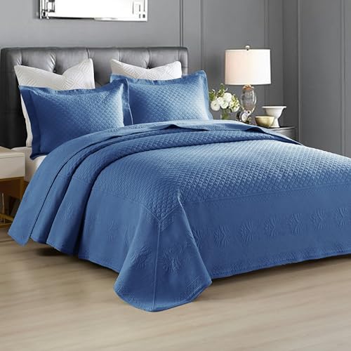 MarCielo 3-Piece 100% Cotton Oversized Bedspread Lightweight Quilt Coverlet Embroidery Farmhouse Bedding Set (TM Midtone Blue, Oversized Queen (100"x106"))