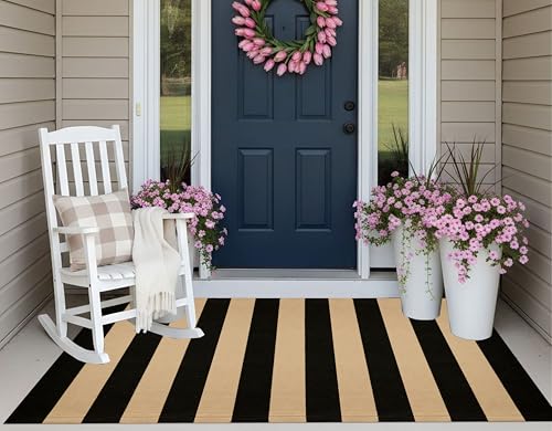 KIhipIoe 3'x5' Black & Tan Outdoor Rug - Washable Farmhouse Front Door Mat