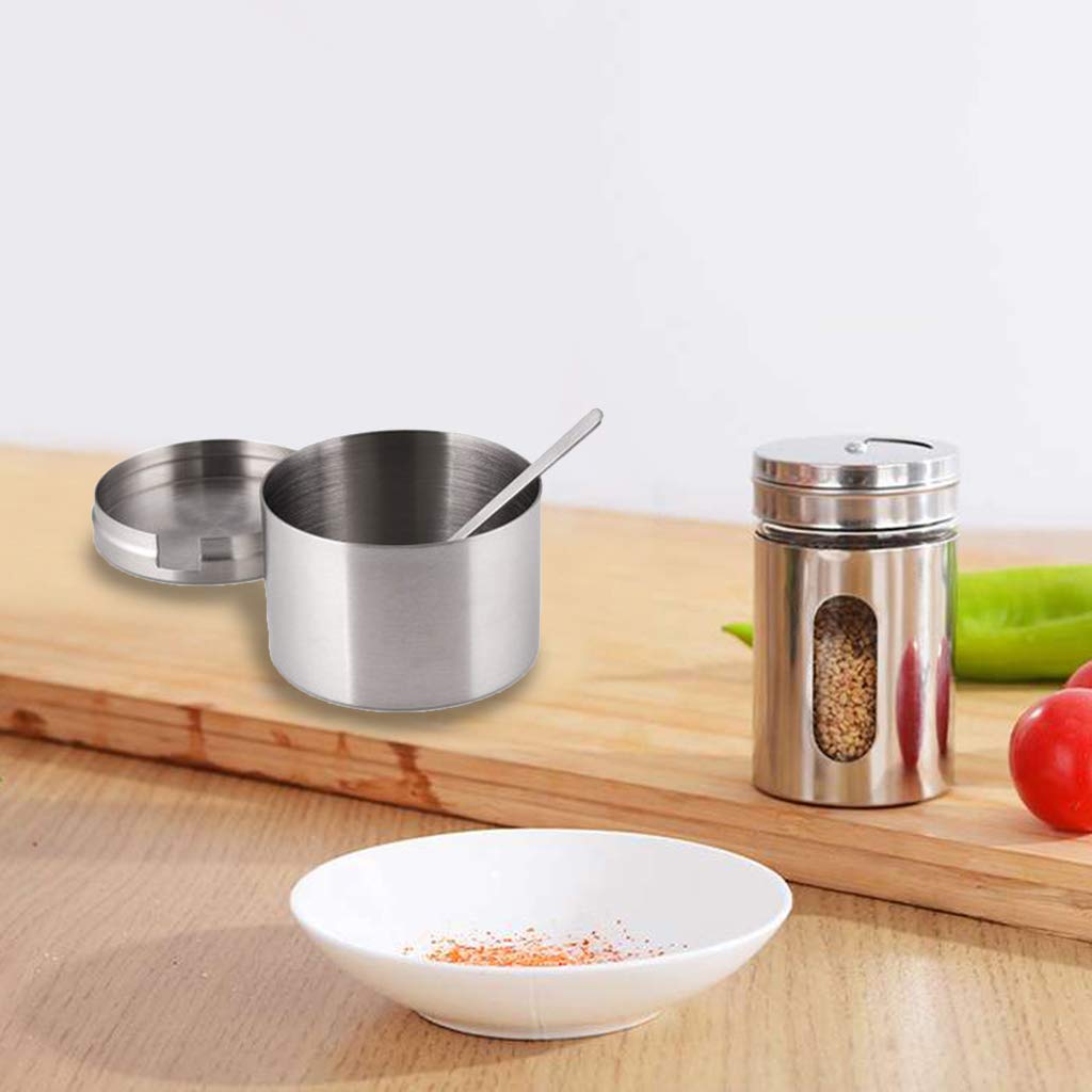 Meiliyizu Stainless Steel Sugar Bowl with Lid Spoon Seasoning Jar Condiment Pot Container Kitchen Gadgets