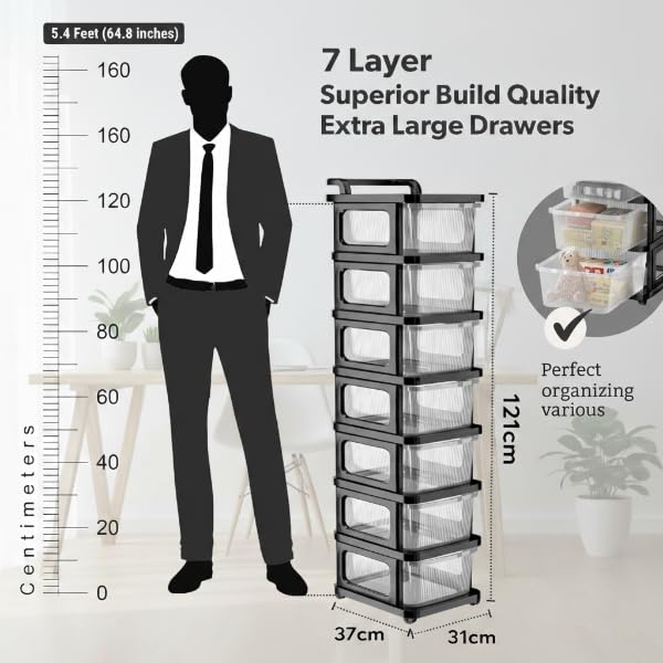 Image of KITCHIVO Heavy Duty Plastic Storage Drawer with Wheels | Modular Cabinet for Bedroom, Office, Home or Classroom| Chest of Drawers Organiser for Cosmetics, Kitchen items, Toys (Transparent, 7)