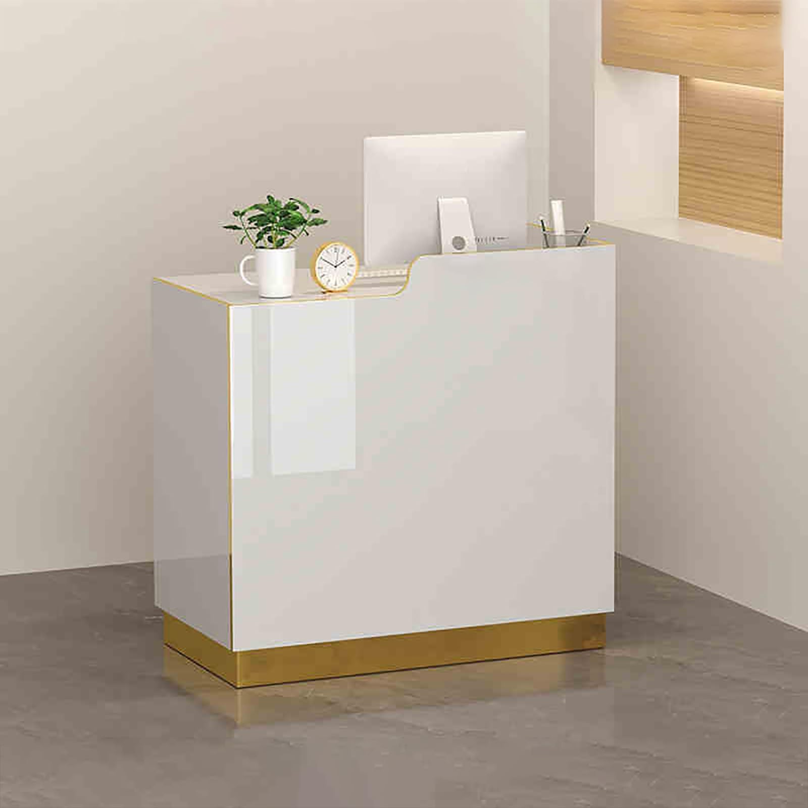 Moderno escritorio de recepción de madera con cerradura, elegante mesa de vestíbulo para oficinas, salones y tiendas minoristas, acabado blanco, 60 pulgadas x D para una mayor organización y seguridad