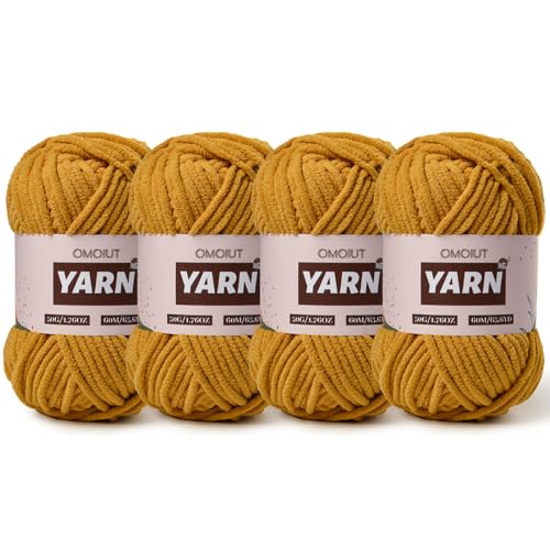 Image of 4 Packs Plush Chenille Chunky Crochet Yarn - Baby Yarn for Crocheting Soft - Velvet Yarns Knitting for Blankets Crafts - Fluffy Amigurumi Yarns 200g /262.5yds (4 Turmeric)