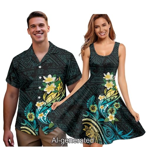 Image of Dreaweet Summer Dresses for Women A-Line Sleeveless Flowy Sun Dresses,Men's Casual Button-Down Shirts,Couple Matching Outfits