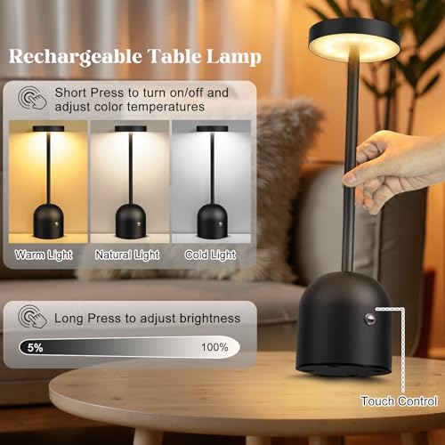 2 Pack Cordless Table Lamps, 5000mAh Rechargeable Battery Operated Outdoor Lamp, 3 Color Stepless Dimming Wireless LED Desk Table Light for Dining, Bedroom, Patio, Restaurant, Bar, Cafe(Black) - Image 4
