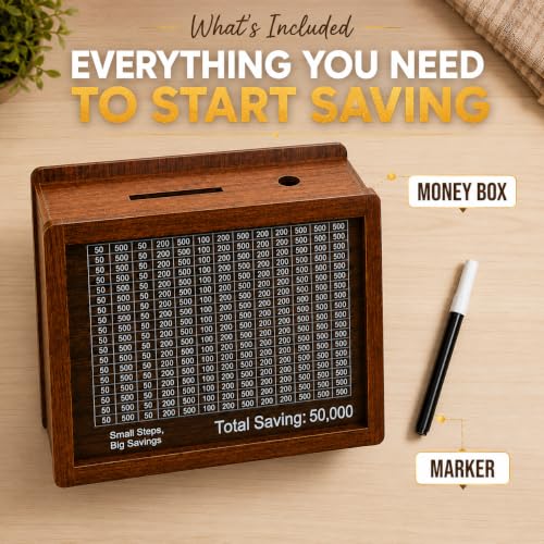 Image of PulGos Wooden Money Saving Box with Marker|50,000 Goal Counter Piggy Bank