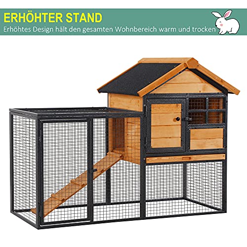 PawHut Kaninchenstall erhöhtes Haustier Haus mit Abschließbare Tür Outdoor Holz-Metall Hellgelb 122 x 63 x 92 cm – Bild 8