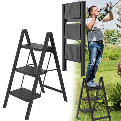 HENGMEI Escalera plegable de aluminio, 3 peldaños, antideslizante, con pedal antideslizante, 150 kg de carga