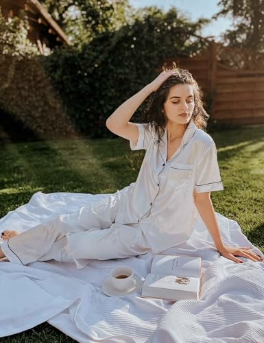 Image of SWOMOG Women Satin Pajamas Set Short Sleeve Top & Pants Sleepwear Silky Button Down Nightwear 2pcs Loungewear Pjs Set