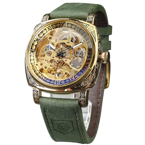 Image of FORSINING Fancy Watches for Men, Square Retro Mechanical Watch Self-Wind Carved, Gear Movement Golden Skeleton Automatic Watches Vintage Leather Strap Wrist Watch