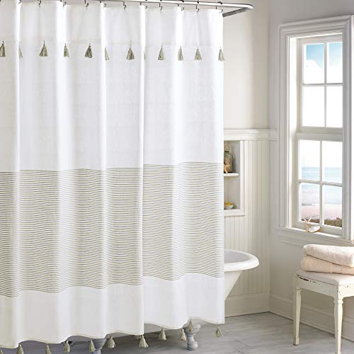 Peri Home Panama Stripe Boho Farmhouse Tassel Shower Curtain 100% Cotton Fabric Shower Curtain with Tassels for Bathroom Decor, 72 x 72 inches, Taupe by Peri Home - Used condition - US$15.23