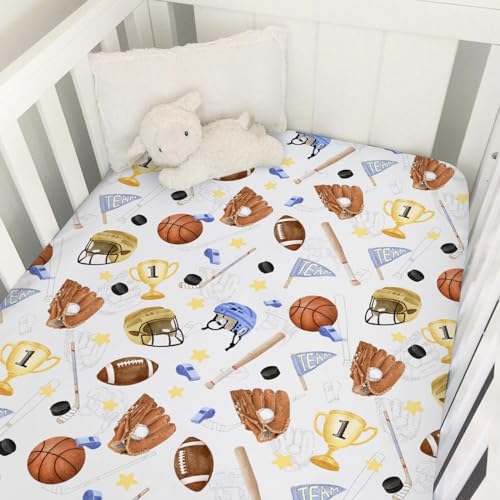Image of Baby Sports Crib Sheet 52''x28'' American Football Baseball Basketball Stretchy Fitted Mattress Cover for Boy Girl Sports Lovers Gift Soft Sheets for Standard Toddler Mattress