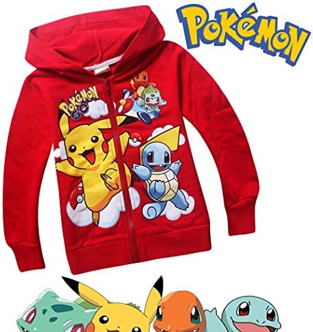 Pokemon Long Sleeve Front Zip Hoodie Sweater Jacket Coat (8-9 sz 140, Red)