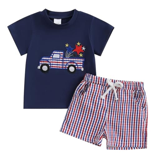 Image of 4th Of July Toddler Boy Outfit Popsicle American Flag T-Shirt and Gingham Plaid Shorts Set Independence Day Clothes