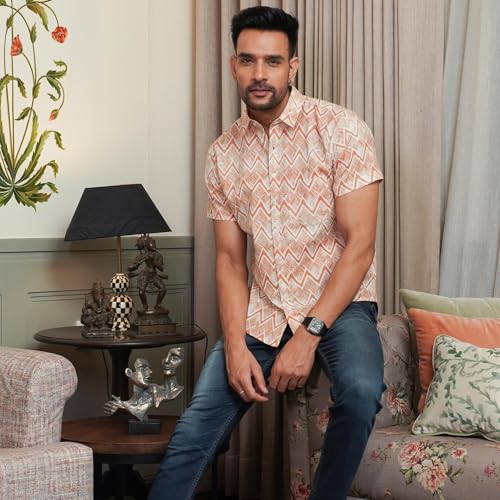 Image of Peach Chevron Printed Cotton Casual Shirt for Men | Half Sleeve | Regular Collar | Regular Fit