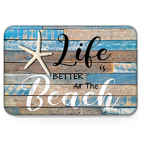 Life is Better at The Beach Door Mat Front Door Welcome Mat Ocean Coastal Starfish Entrance Rug Beach Wood Grain Non Slip Floor Mat for Kitchen Entryway Bathroom Living Room Decor 24 X 16 Inch