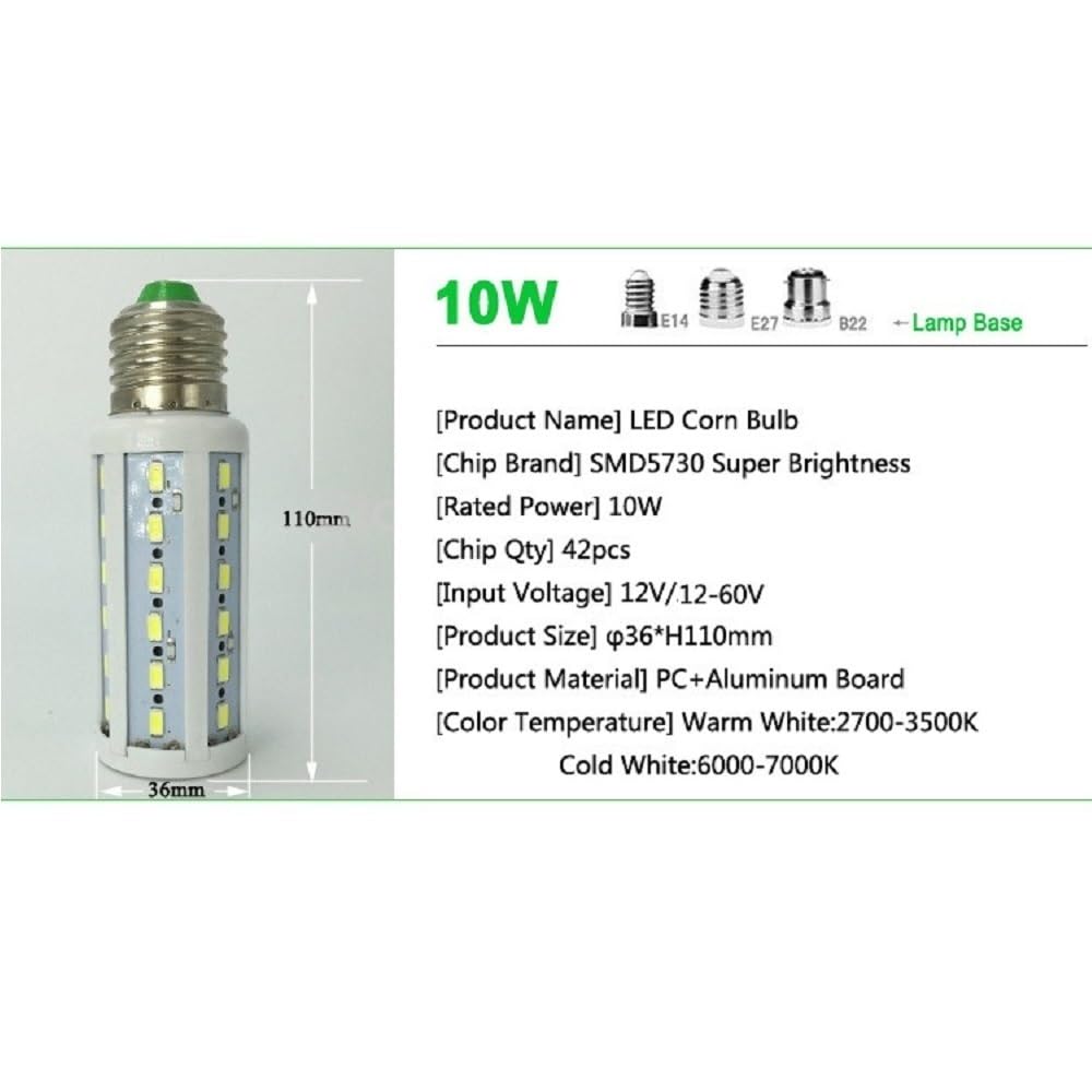 HHF Home Lighting, 30 x 30 x 12 V 7 W/10 W/15 W/18 W/25 W E27 SMD5730 para interior, autocaravana, barco(Bianco, DC 12 to 60v 15w)
