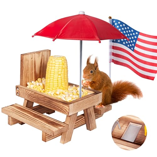Squirrel Feeder Picnic Table Squirrel Feeders for Outside with Red Umbrella and Flag Black Wood Squirrel Feeder with Corn Cob Holder Cute Chipmunk Feeder for Yard and Porch Decoration