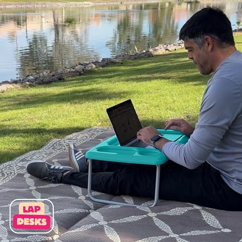 Image of Folding Laptop Bed Tray Table (Set of 2), Turquoise Blue, 17 x 22 x 8 inches, Portable Indoor-Outdoor Bed Trays with Space for TV Dinners, Laptop, Utensils, and Drinks
