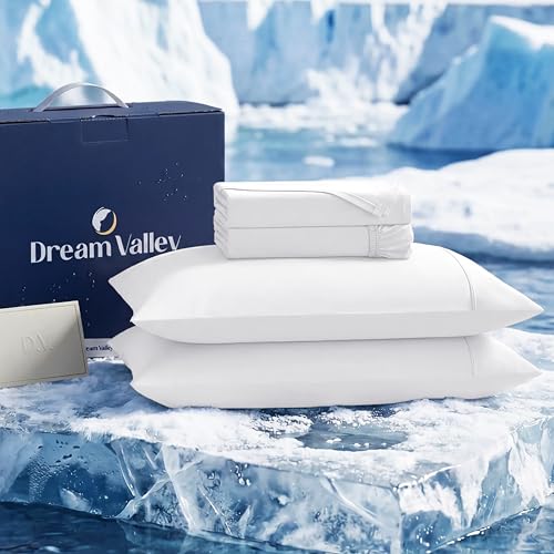 Image of Dream Valley Cooling Sheets Queen Size, Cooling Fitted Breathable Bed Sheets & Flat Sheet with 2 Pillowcases-4 PCS for Night Sweats & Hot Sleepers, Q-Max >0.45 Aerocool, Deep Pocket 16 inch,Cloud White