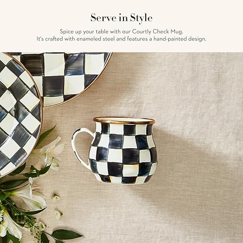 Image of MACKENZIE-CHILDS Enamel Mug Set, Black-and-White Courtly Check