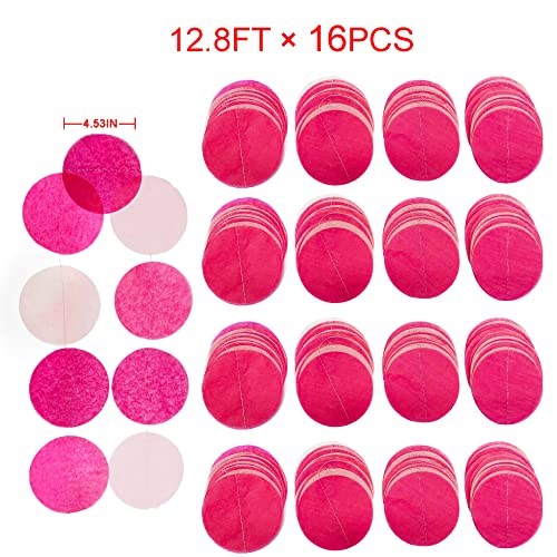 Image of 205Ft Hot Pink Party Decorations Big Circle Dots Backdrop Garland Rose Pink Tissue Paper Polka Dots Hanging Curtain Streamer for Birthday Bachelorette Engagement Wedding Bridal Shower Party Supplies