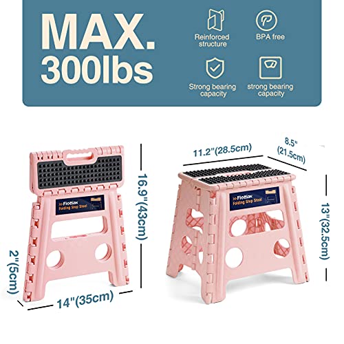 Image of Flottian 13 inch Folding Step Stool for Adults and Kids Holds Up to 300 lbs,Non-Slip Folding Stools with Handle, Compact Plastic Foldable Step Stool for Bathroom,Bedroom, Kitchen,Sakura Pink,1PC