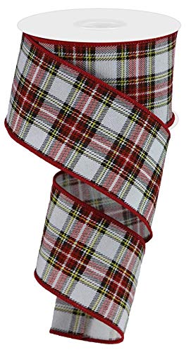 Image of Wired Plaid Christmas Wreath Ribbon - 2 1 /2 inch x 10 Yards, White, Red, Yellow, Black, Vintage Tartan, Fall Decor, Garland, Gifts, Wreaths, Bows, Gift Basket, Christmas Tree Ribbon