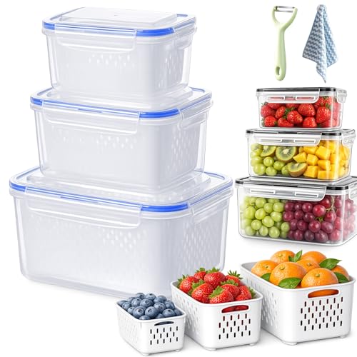 4-in-1 Produce Storage Containers Fruit Storage Containers for Fridge with Removable Colander & Lid Airtight Plastic Food Box with Drain Basket for Vegetable & Kitchen Organization (Blue S+M+L)