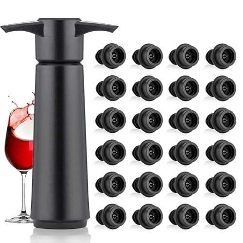 Pompe à Vide pour Vin avec 24 Bouchons, Bouchon Vin Vide Air, Réutilisable Bouchon Bouteille Vin, Accessoires Vin, Garde le Vin Frais 1 Pompeà Vide et 24 Bouchonsà Vin, Noir