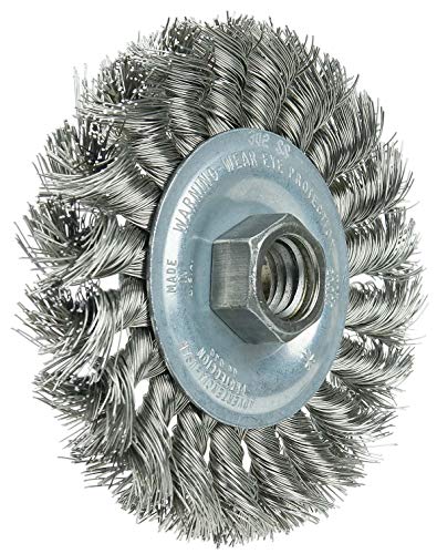 Image of Weiler 36213 Wolverine 4 inch Knot Wire Wheel, Standard Twist, .014 inch Stainless Steel, 5 /8 inch-11 UNC Nut, Made in The USA (Pack of 5)