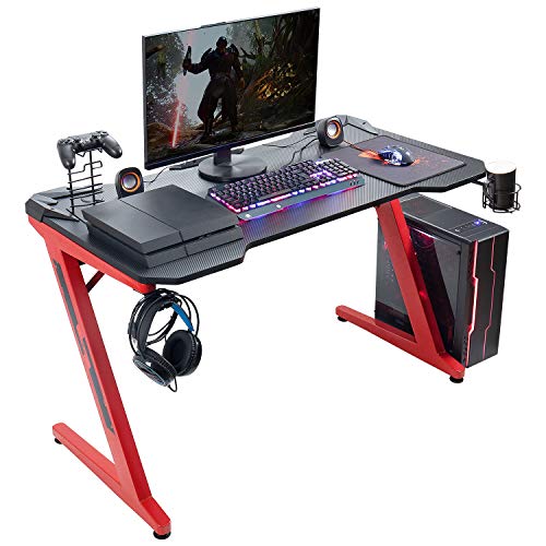 Flamaker Gaming Desk Gaming Table Computer Desk Gamer Table Z Shape Game Station with Large Carbon Fiber Surface, Cup Holder & Headphone